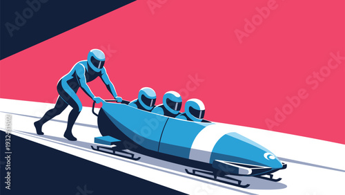 Professional bobsleigh team pushing their sled on icy track during high speed winter sports competition with red background.