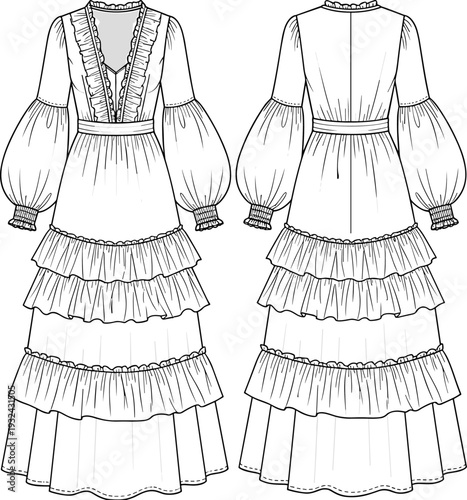 Boho tiered ruffle maxi dress technical flat sketch, puff sleeve long dress vector illustration, front and back view fashion CAD drawing.