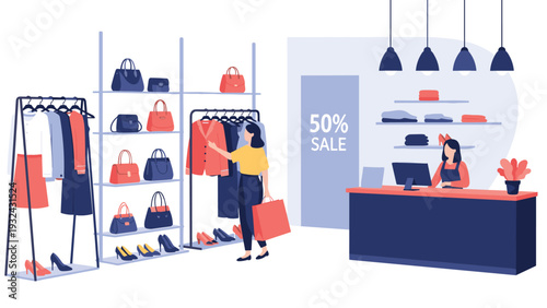 Modern clothing store interior with female customer browsing garments and professional cashier working at checkout counter.