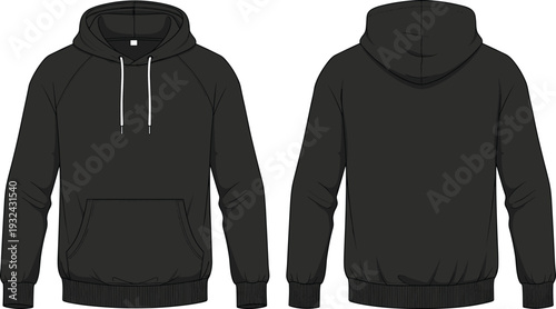 Black raglan sleeve hoodie mockup with kangaroo pocket front and back view isolated technical sketch cad drawing flat vector illustration
