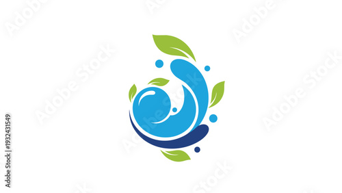 Stylized blue water droplet logo design with green leaves representing clean environment and global water conservation.