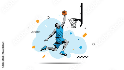Dynamic basketball player jumping high for slam dunk with abstract geometric shapes on blue and white background.