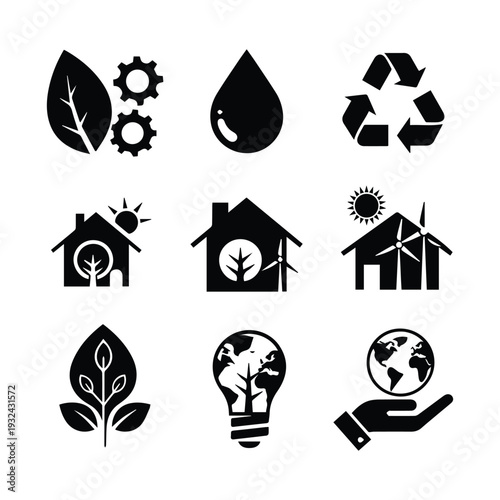 Eco friendly icons for sustainable living and green technology solutions