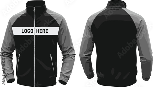 Full zip raglan track jacket technical flat sketch, athletic sportswear windbreaker vector illustration, front and back view fashion CAD drawing template.