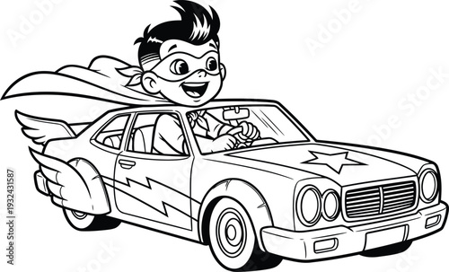 Superhero boy flying with wings out of a speeding police car  dynamic action scene