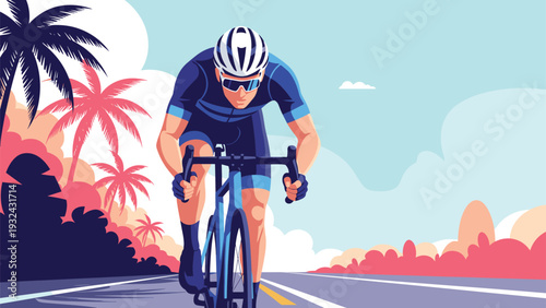 Professional cyclist racing on road through tropical landscape with palm tree silhouettes at beautiful sunrise.