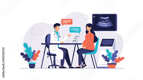 Pregnant woman consulting with male doctor in medical office during prenatal checkup with professional ultrasound.