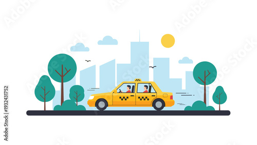 Yellow taxi cab driving on city road past green park with trees and modern urban buildings in background landscape.