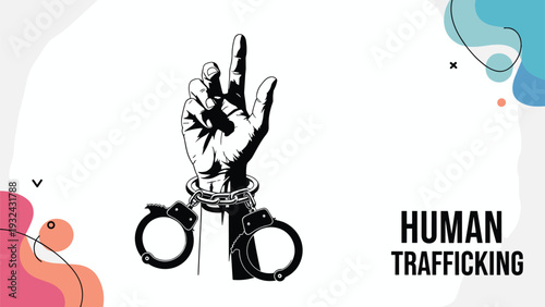 Human trafficking awareness poster with handcuffed hand reaching up against abstract white and pink colorful background.
