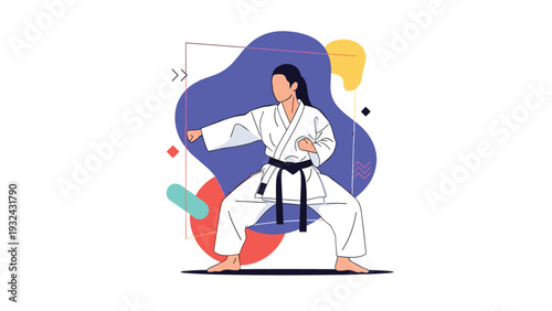 Female martial artist in white gi performing karate stance with abstract colorful geometric shapes on background banner.