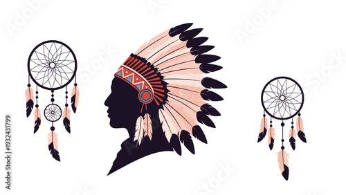 Native american profile silhouette wearing traditional feathered headdress with decorative spiritual dreamcatchers.