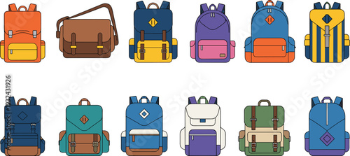 Colorful backpack collection vector illustration, school travel rucksack bag flat design set isolated on white background