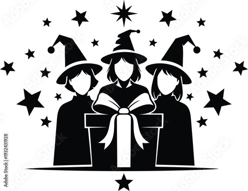 Three witches standing behind a gift box with stars around them