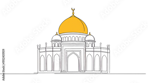 Islamic mosque dome line art illustration with symmetrical arches, traditional architecture outline, minimal black and white vector design