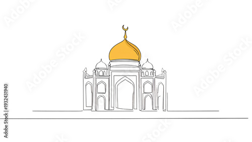 Islamic mosque dome line art illustration with symmetrical arches, traditional architecture outline, minimal black and white vector design