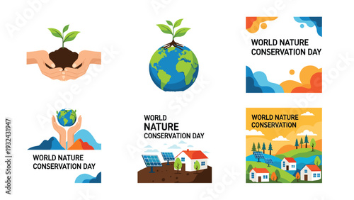 World nature conservation day poster collection with earth care green energy and sustainable environment themes set.