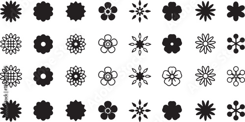 isolated white background Flower Icon Set: Diverse Floral Designs in Color and Black and White