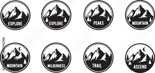 isolated white background Mountain Landscape Badges: Explore Nature, Peaks, Wilderness, and Trails