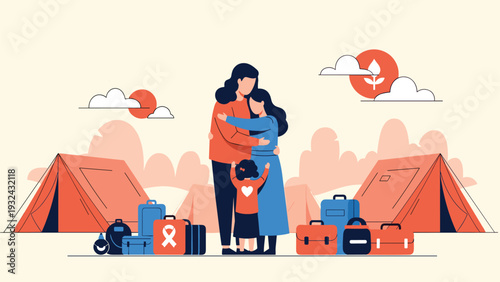 Touching illustration showing family embracing amidst suitcases and tents with red awareness ribbon on luggage representing humanitarian aid.