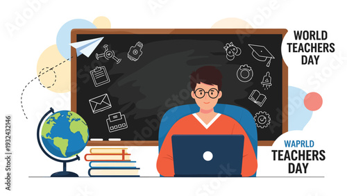 World Teachers Day tribute showing male teacher working at desk with laptop in front of blackboard filled with educational icons and globe.