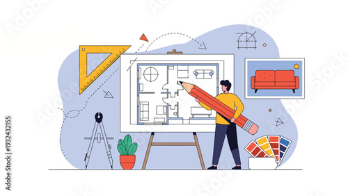 Creative interior designer working on architectural floor plan using large pencil with color swatches and furniture design elements nearby.