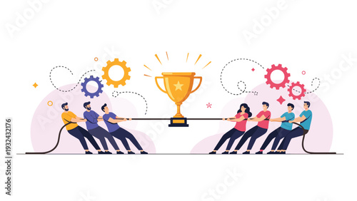 Competitive business teams engaged in tug of war game for golden trophy cup representing corporate rivalry and teamwork in flat illustration.
