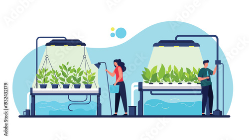 Sustainable vertical farming concept with agricultural workers tending to plants in modern hydroponic system with artificial lighting.
