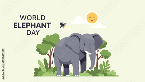 World Elephant Day commemorative illustration featuring majestic african elephant standing in lush green forest under bright sun and blue bird.