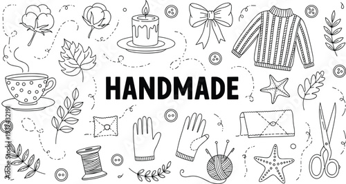 Handmade craft vector illustration, knitting sewing candle sweater floral elements black and white line art