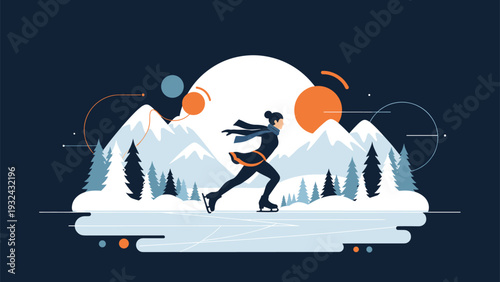 Graceful woman figure skating on frozen lake with snowy mountains and pine forest in background under winter sun in artistic illustration.