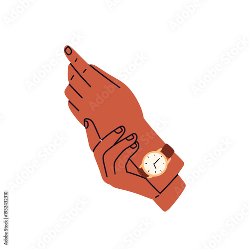 Flat vector illustration of diverse hands wearing wristwatches and smartwatches in different gestures. Ideal for productivity, business, poster, website, lifestyle, time tracking design projects.