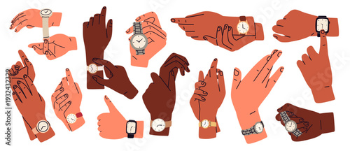 Flat vector illustration set of diverse hands wearing wristwatches and smartwatches in different gestures. Ideal for productivity, business, poster, website, lifestyle, time tracking design projects.