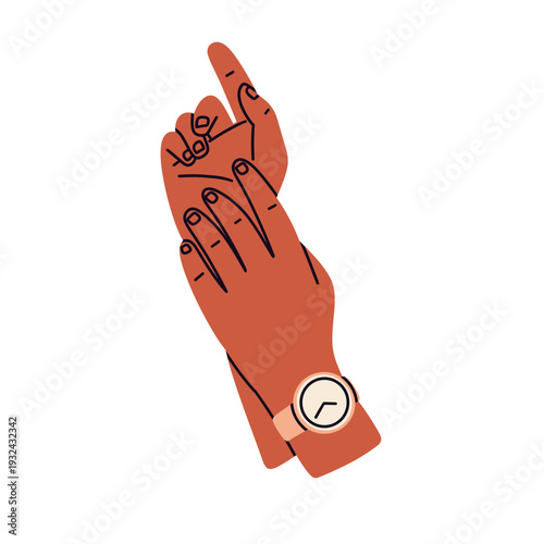 Flat vector illustration of diverse hands wearing wristwatches and smartwatches in different gestures. Ideal for productivity, business, poster, website, lifestyle, time tracking design projects.
