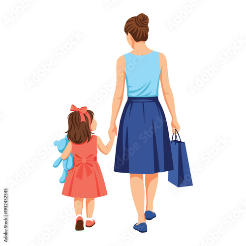 Mother and daughter walking together, back view vector