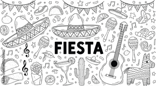 Mexican fiesta vector illustration set, sombrero guitar maracas taco cactus party line art collection