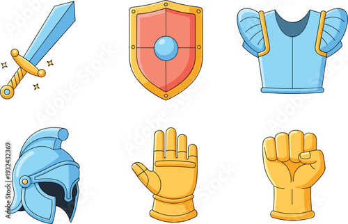 Medieval armor and weapons vector icon set, sword shield helmet gauntlet fantasy knight illustration collection