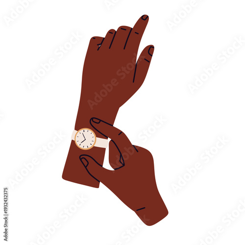 Flat vector illustration of diverse hands wearing wristwatches and smartwatches in different gestures. Ideal for productivity, business, poster, website, lifestyle, time tracking design projects.