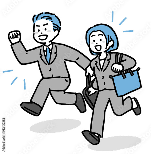 笑顔で走る若手・中堅ビジネスマンとビジネスウーマンの2色イラスト