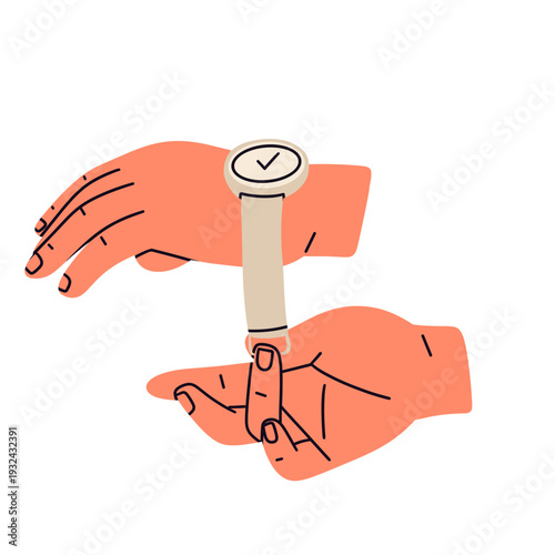 Flat vector illustration of diverse hands wearing wristwatches and smartwatches in different gestures. Ideal for productivity, business, poster, website, lifestyle, time tracking design projects.