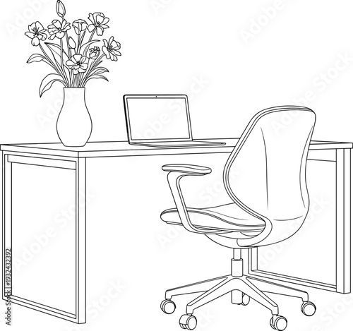 Minimalist home office desk line art illustration, modern workspace with laptop chair and flower vase