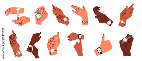 Flat vector illustration set of diverse hands wearing wristwatches and smartwatches in different gestures. Ideal for productivity, business, poster, website, lifestyle, time tracking design projects.