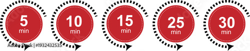 Circular Countdown Timer Icons with 5, 10, 15, 25 and 30 Minute Time Labels and Progress Indicator