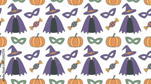 A festive Halloween pattern featuring cartoon witches, pumpkins, candy, and masks on a white background.