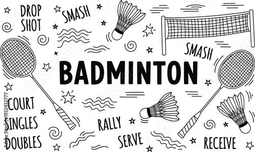 Badminton sport vector illustration, racket shuttlecock court smash rally serve line art typography design set