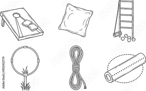 Backyard games vector illustration set, cornhole ring toss ladder toss rope and outdoor activity equipment line art