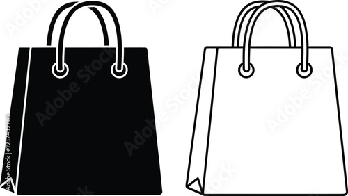 Two shopping bags, one black and one white, with handles, simple line art design Vector