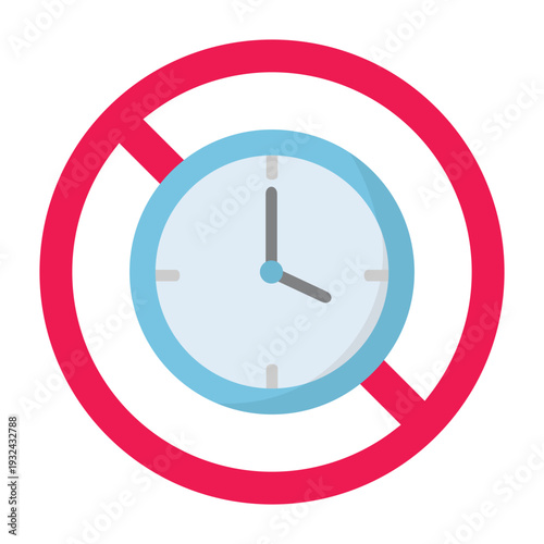 No clock sign, deadline prohibited symbol, no schedule allowed sign, no time limit sign, no overtime sign, vector illustration