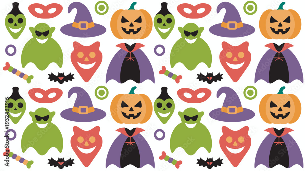 Obraz premium A colorful Halloween-themed illustration featuring various festive icons and characters on a white background