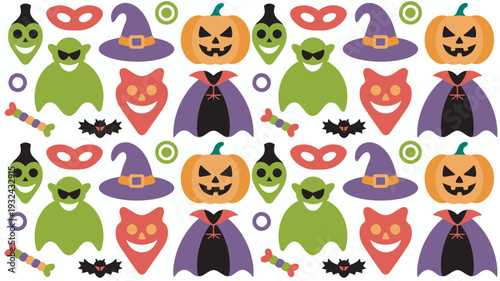 A colorful Halloween-themed illustration featuring various festive icons and characters on a white background