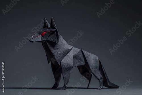 Black origami wolf figure stands on a dark background, showcasing folded paper art and design skills